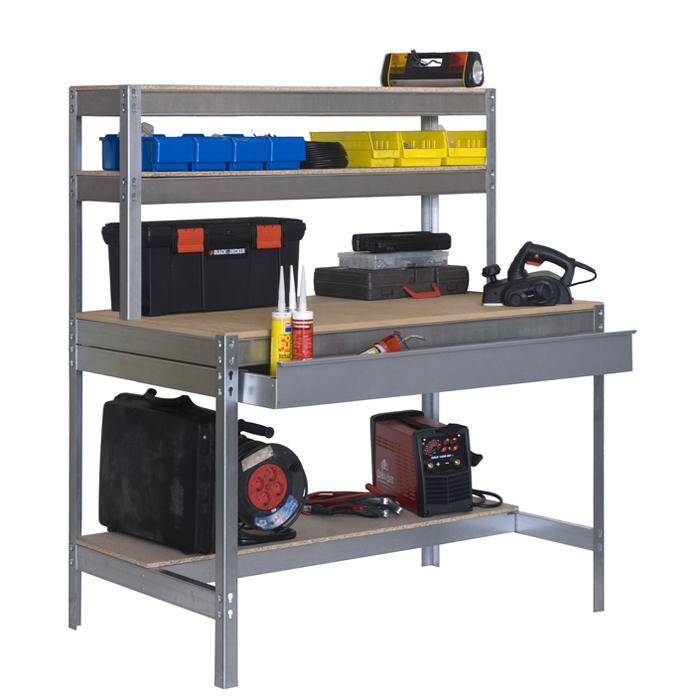 Werkbank BT-1 BOX - 1440 x 1200 x 750 mm - Farbe verzinkt - mit Schublade - Arbeitsplatte MDF - Tragkraft 600 kg
