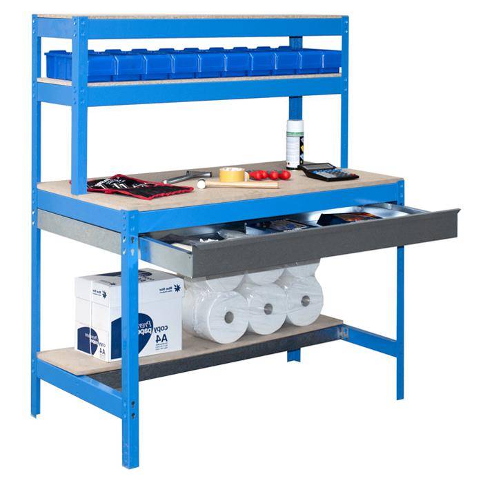 Werkbank BT-1 BOX - 1400 x 1500 x 750 mm - Farbe blau - mit Schublade - Arbeitsplatte MDF - Tragkraft 600 kg
