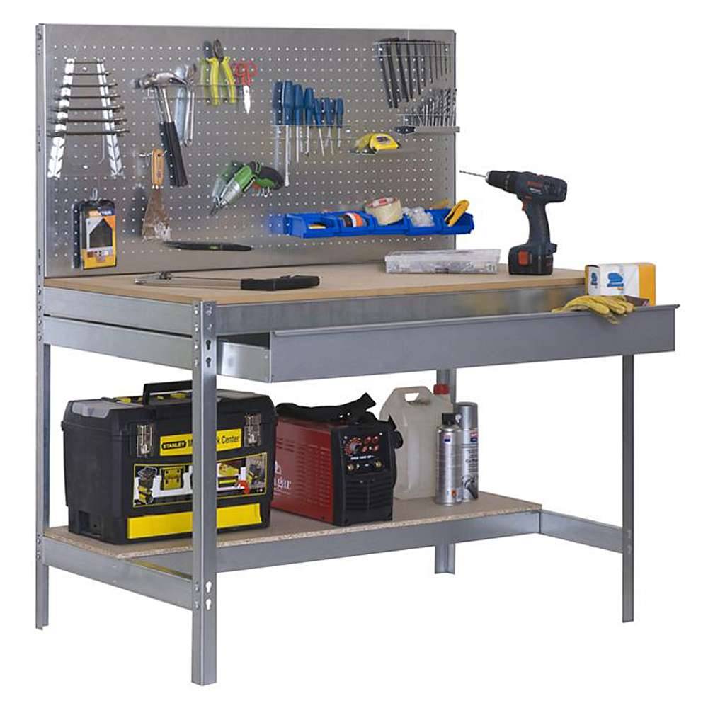 Werkbank BT-2 BOX - 1440 x 1500 x 600 mm - Farbe verzinkt - mit Lochwand und Schublade