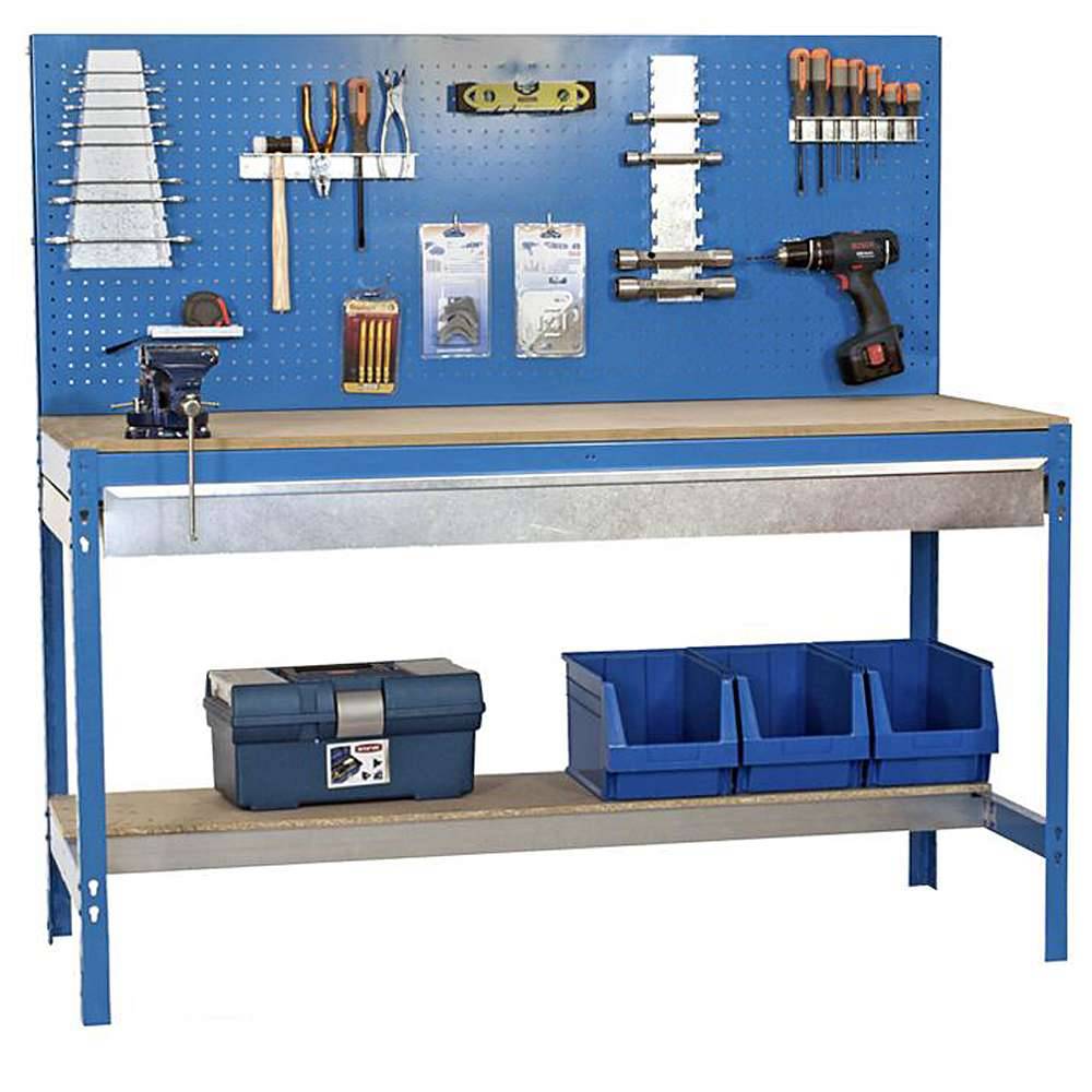 Werkbank BT-2 BOX - 1440 x 1500 x 600 mm - Farbe blau - mit Lochwand und Schublade