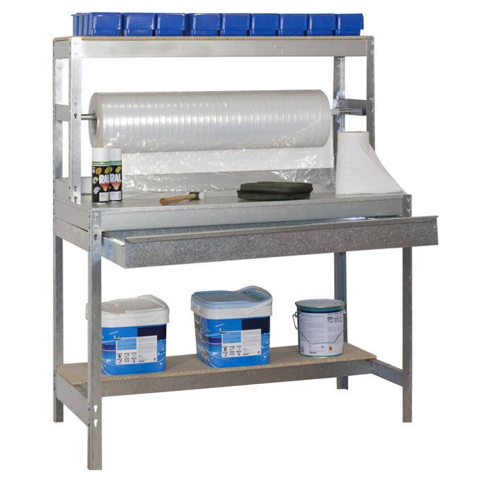 Werkbank BT-4 BOX - 1440 x 1200 x 750 mm - Farbe verzinkt - Tragkraft 600 kg - mit Stange und Schublade