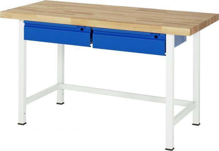 Holzwerkbank mit weißen Metallbeinen und zwei blauen vorderen Schubladen auf weißem Hintergrund.
