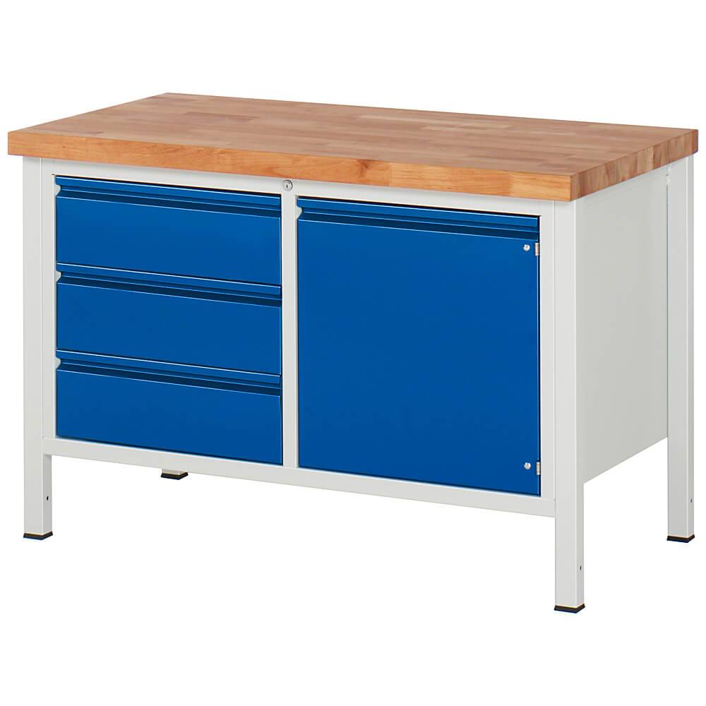 Werkbank Serie BASIC-8 - Modell 8466 - Breite 1250 mm - Flächenlast 1250 kg - 3 Schuladen + 1 Tür - BucheMassiv