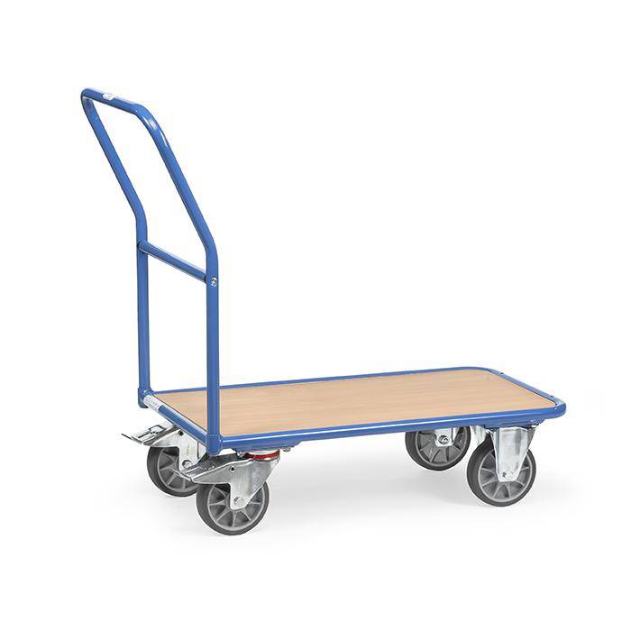 Blauer Plattformhandwagen mit vier schwenkbaren Lenkrollen und einer Holzladefläche, gezeigt auf weißem Hintergrund.