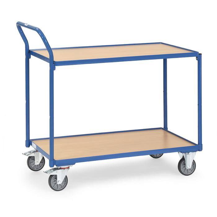 Blauer zweiabliger Gebrauchswagen mit Holzplattformen, Metallrahmen, Griff und vier Lenkrollen.
