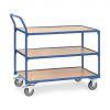 Ein blauer, dreistöckiger Servierwagen mit Rädern, geeignet zum Transport von Gegenständen in einem Büro- oder Industrieumfeld.