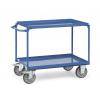 Ein blauer Metallwagen mit zwei Regalen und vier Rädern zum Transport von Gegenständen.