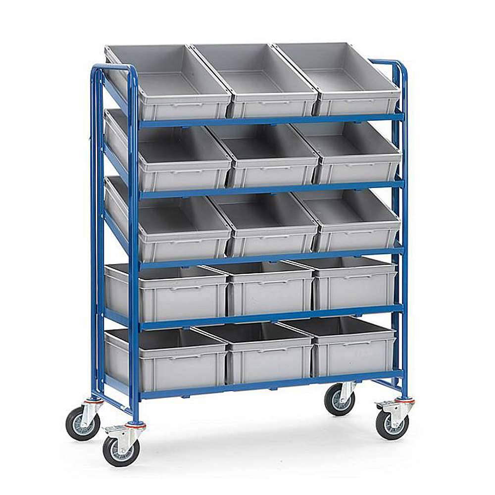 Blauer Metallwagen mit fünf Regalboden und grauer Lagerkisten auf Rollen, verwendet für organisierte Materialtransporte.