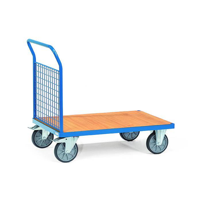 Blauer Plattformwagen mit vier Rädern und hohem Metallgitterbügel zum Transportieren schwerer Gegenstände.