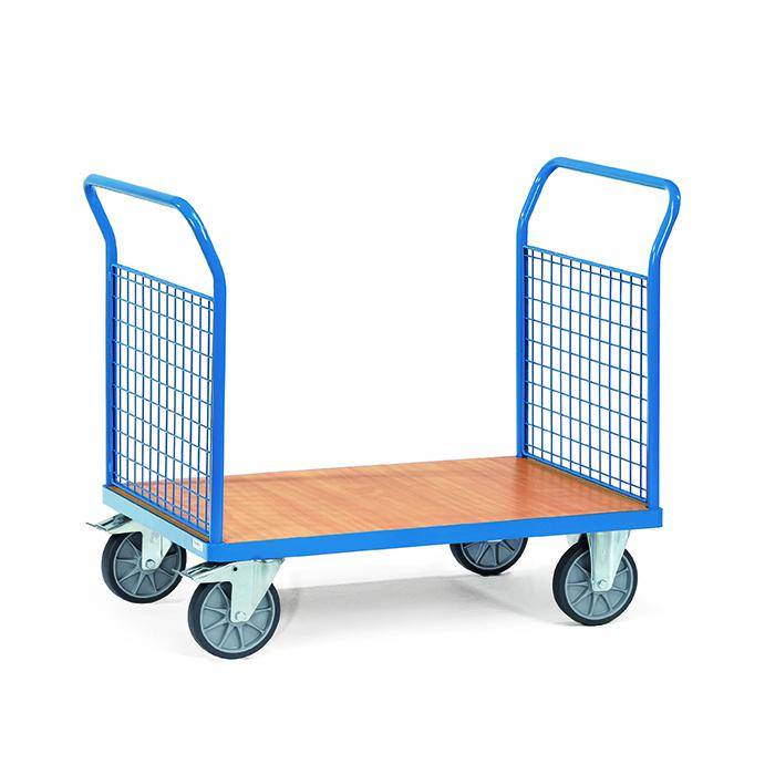 Plattformwagen in Blau mit Holzboden, vier Lenkrollen und aufrechten Gitterkörperseitenwänden zum Transportieren von Waren.