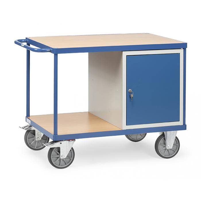 Blauer Metallwagen mit hölzernen Regalen, vier Rädern und einem verschlossenen Schrank auf der rechten Seite