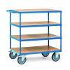 Ein blauer Metallwagen mit vier braunen Regalen und vier Rädern, entworfen zum Transport von Gegenständen.