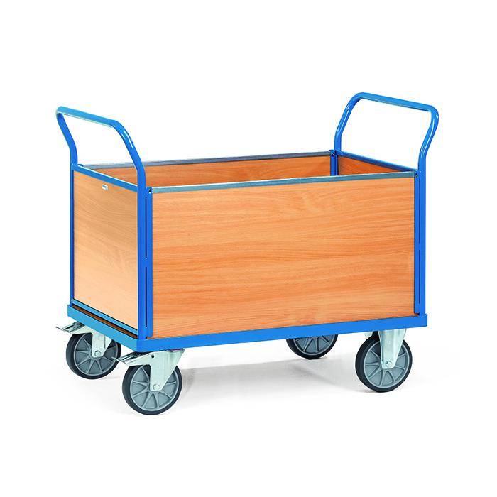 Vierspuriger Holznutzwagen mit blauem Griff und tiefem offenem Kasten, gezeigt auf weißem Hintergrund.