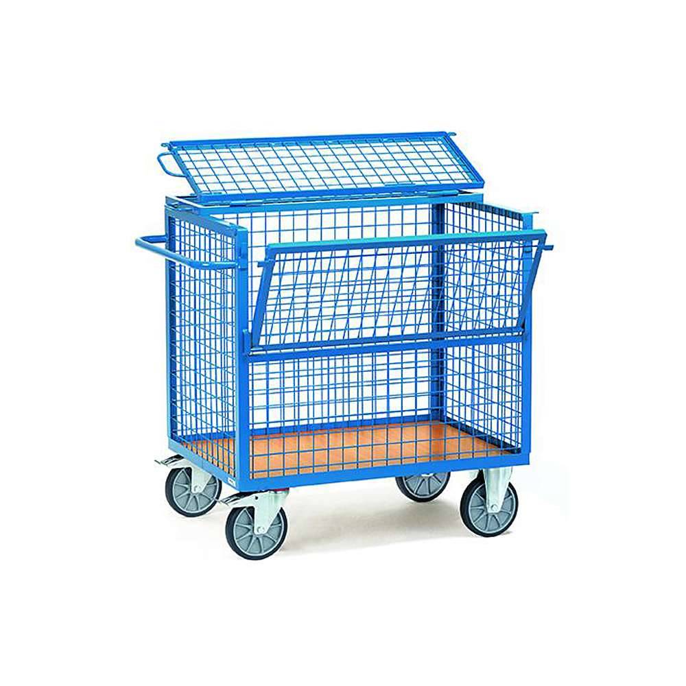 Blauer Metallgitterwagen mit vier Lenkrollen und abnehmbarem Deckel, leer auf weißem Hintergrund dargestellt.