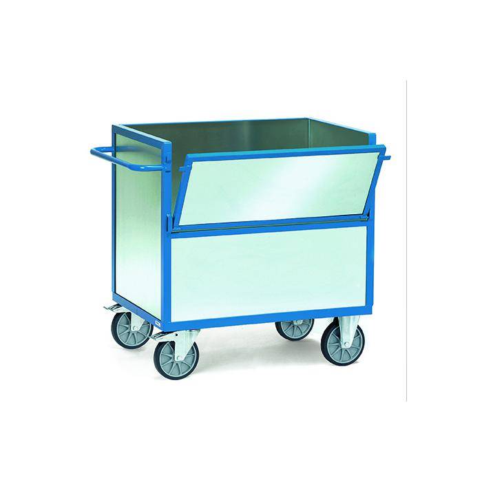 Blauer Industrie-Rollwagen mit vier Lenkrollen und offener Oberseite, dargestellt in einem produktgestalteten Bild vor weißem Hintergrund.