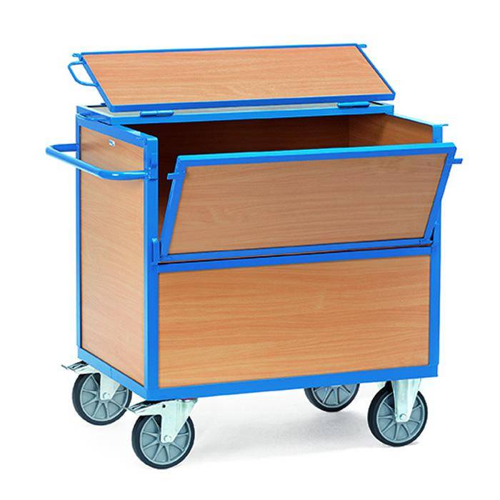 Blauer Lagerungswagen mit Rädern, Holzverkleidung und klappbarem Deckel, geöffnet auf weißem Hintergrund dargestellt.