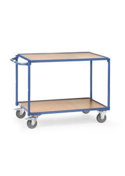Ein zweistöckiger blauer Metall-Servierwagen mit Holzregalen und vier Rädern.