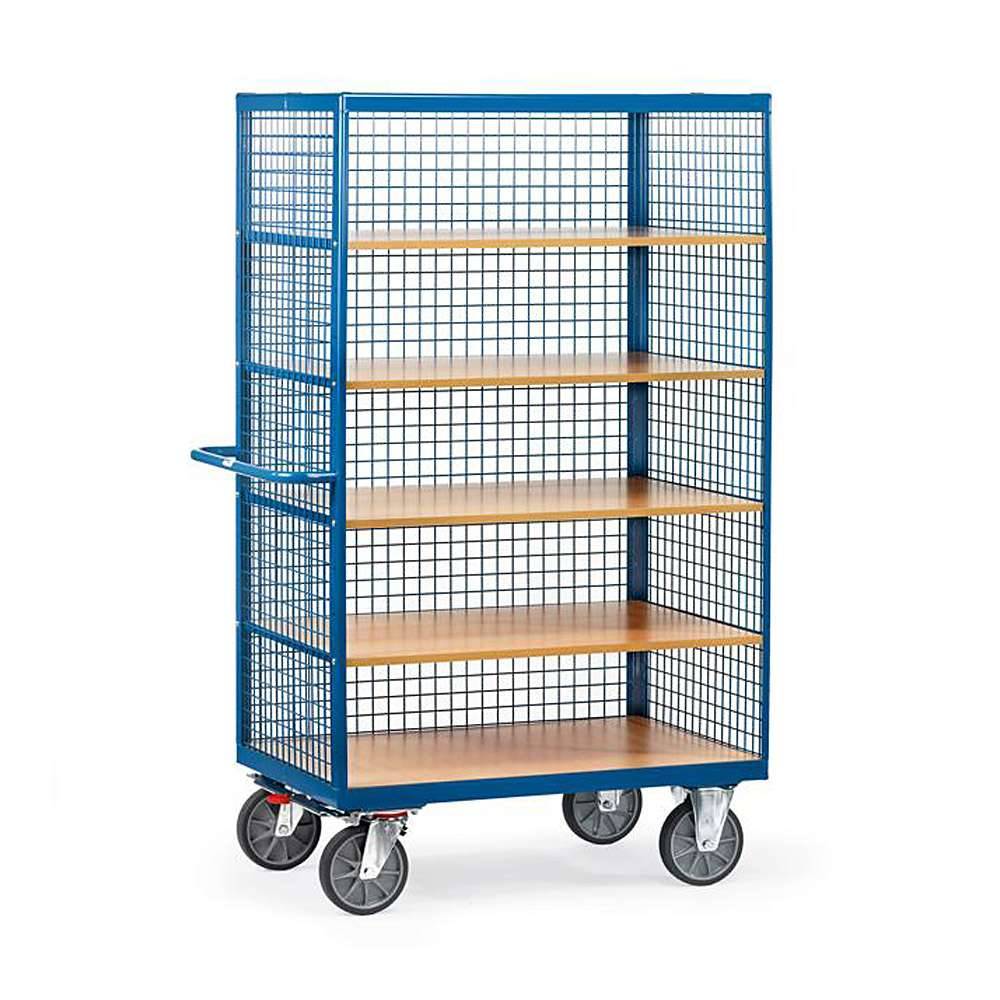 Blauer fahrbarer Metallgitterlagerungswagen mit fünf Holzregalen, leer auf Lenkrollen dargestellt.