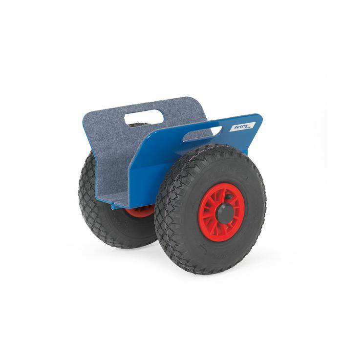 Blauer zweirädriger Nutzwagen mit großen schwarzen Reifen und roten Felgen, dargestellt auf weißem Hintergrund.