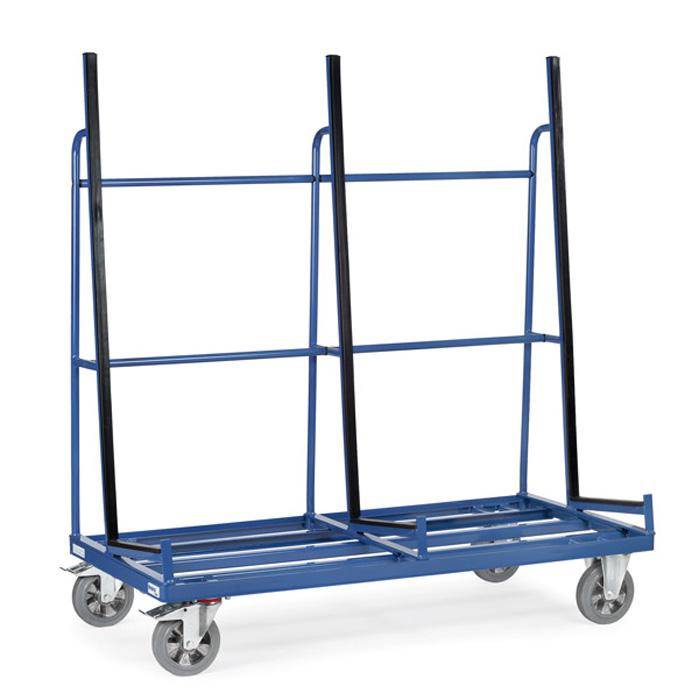 Blauer Metallrollwagen mit vier Lenkrollen und hohen Seitengittern zum Transport von Waren oder Materialien.