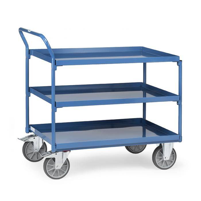 Tischwagen - mit 3 Böden aus Blechwannen - Griff hochstehend