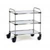 Ein dreilagiger Metallwagen mit Rädern, verwendet zum Transport von Gegenständen in verschiedenen Umgebungen wie Büros, Küchen oder Werkstätten.