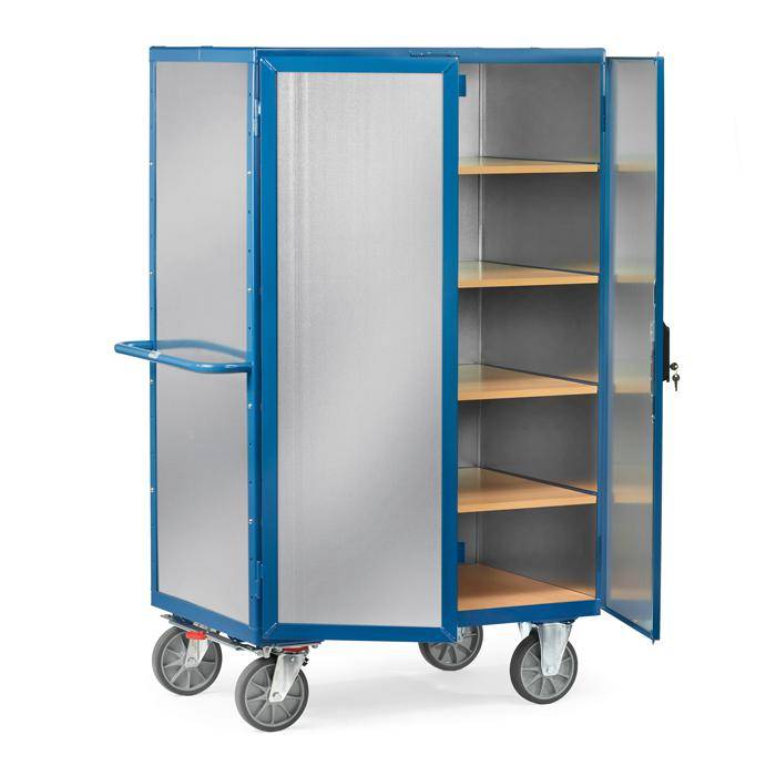 Blauer Rollschrank mit offenen Türen, der leere Holzregale im Inneren zeigt.