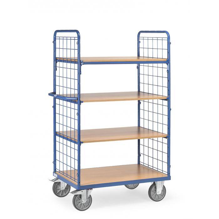 Blauer Metallwagen mit vier Holzregalen und Drahtgitterseiten auf Lenkrollen.