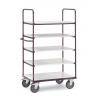 Ein Metallwagen mit fünf Regalen und vier Rädern, entwickelt zum Transport von Gegenständen in industriellen oder Büroumgebungen.