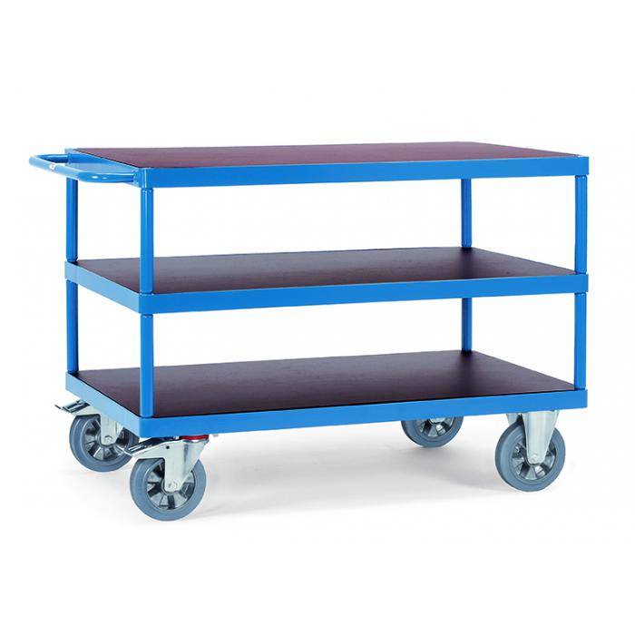 Blauer Utility-Wagen mit drei Regalen auf vier Lenkrollen, auf weißem Hintergrund abgebildet.