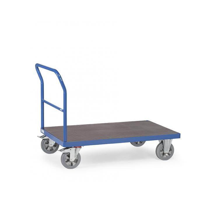 Blauer Flachbett-Utilitätswagen mit hohem Schiebebügel und vier Lenkrollen auf weißem Hintergrund.