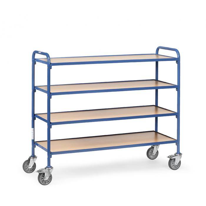 Blauer Metallutilitätswagen mit vier Holzregalen und vier Lenkrollen, dargestellt auf weißem Hintergrund.