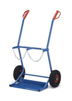 Ein blauer zweirädriger Handwagen mit roten Griffen und einer Kette, entwickelt für den sicheren Transport von Gasflaschen.