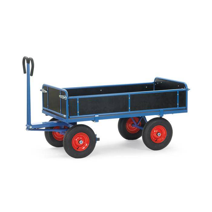 Blauer vierwieliger Nutzwagen mit hohem Zuggriff und schwarzem Ladefläche, auf weißem Hintergrund dargestellt.