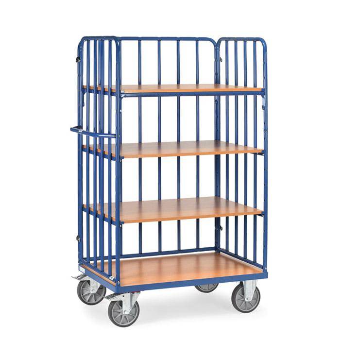 Blauer Metallrollwagen mit vier Holzregalboden und vier Lenkrollen, verwendet zum Transportieren oder Lagern von Gegenständen.