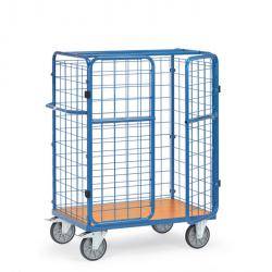 Ein blauer Drahtgitterwagen mit vier Rädern. Die Basis ist aus Holz, und der Wagen hat eine offene Vorderseite für einfachen Zugriff auf den Inhalt.
