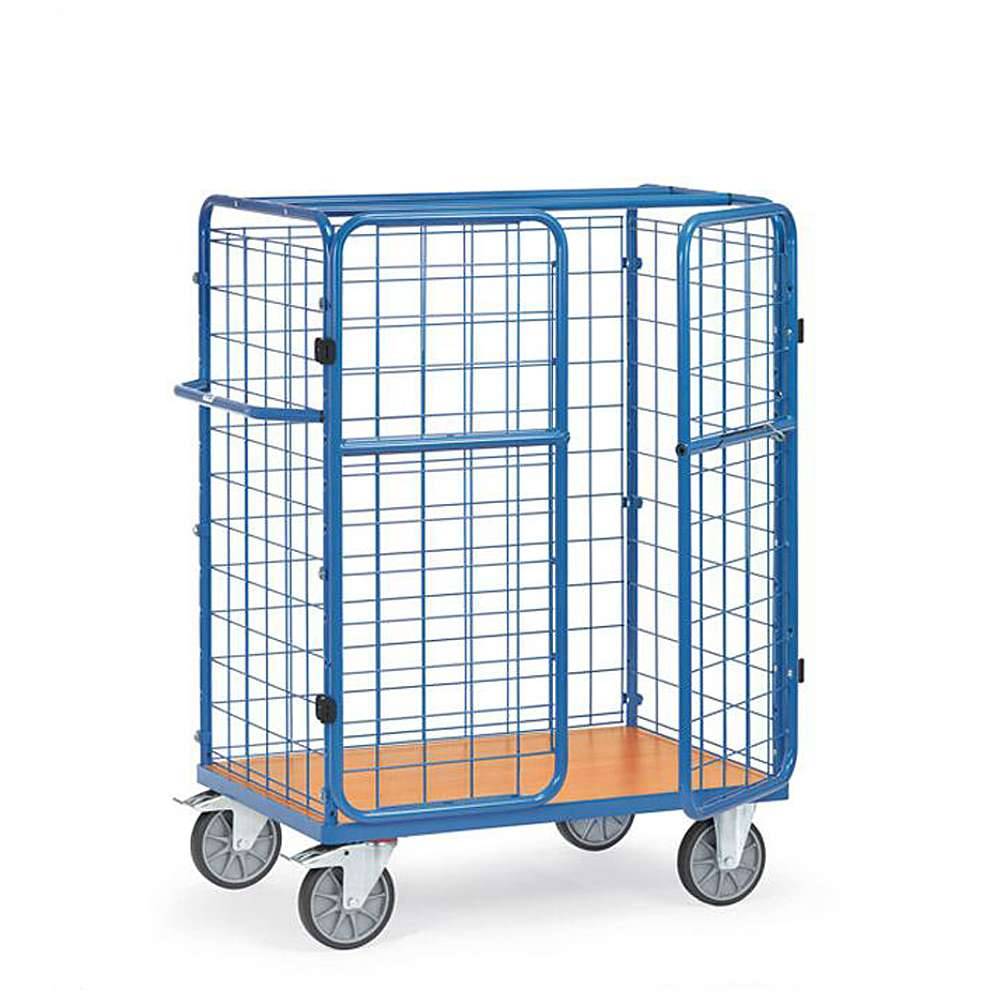 Blauer Sicherheitswagen mit vier Rädern, zwei verschließbaren Türen und Holzboden, verwendet zum sicheren Transport oder zur Lagerung von Gegenständen.