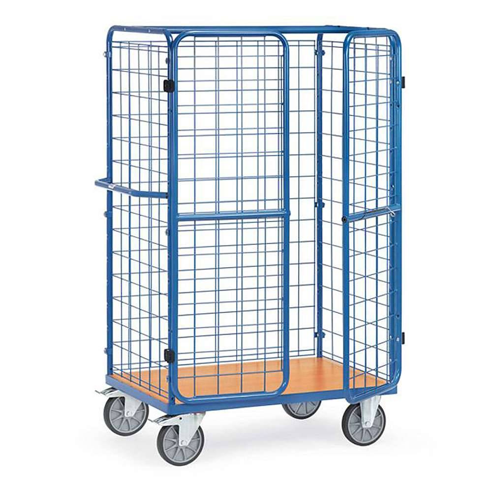 Blauer Metallgitter-Sicherheitswagen mit orangefarbener Basis und vier Lenkrollen, abgebildet auf weißem Hintergrund.