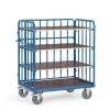 Ein blauer Metallwerkstattwagen mit vier Regalen und Rollen, entwickelt zum Lagern und Transportieren von Gegenständen.
