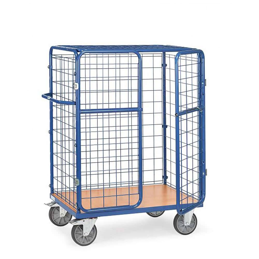 Blauer Drahtgitterwagen mit vier Rädern und einer Holzbasis, verwendet zum sicheren Transport oder zur Lagerung von Gegenständen.