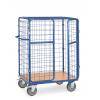 Ein Metallkäfig-Transportwagen mit blauem Rahmen und vier Rädern, entworfen zum Transportieren von Waren oder Gegenständen, gezeigt vor einem einfachen Hintergrund.