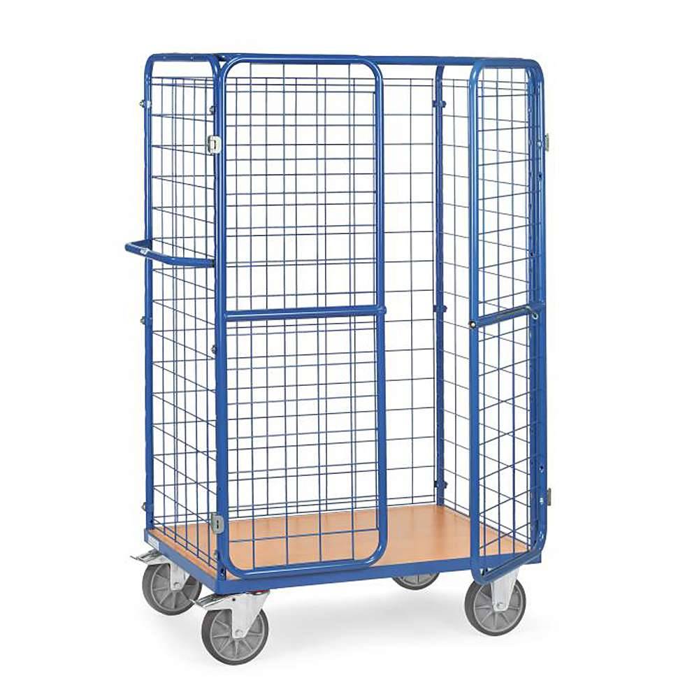 Blauer Metallrollkäfig mit Maschendrahtseiten, doppelten Vordertüren und vier Lenkrollen auf einer Holzbasis, dargestellt auf weißem Hintergrund.