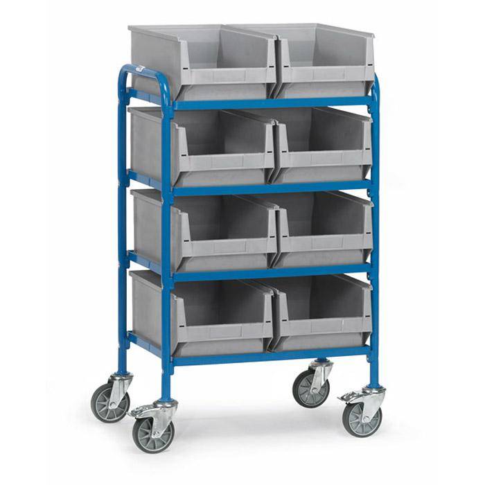 Beistellwagen - mit 4 Böden aus Holz - Länge 630 mm - mit 2x4 Sichtlagerkästen