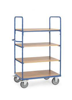 Ein blauer Nutzungswagen mit vier Holzregalen und vier grauen Rädern, geeignet zum Transport von Gegenständen in einem Büro- oder Lagerbereich.