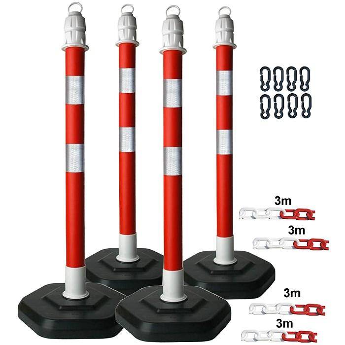 Kettenpfostenset - 4 Kettenpfosten - retroreflektierende - 4 x 3 m Kunststoffkette - mit Öse - Höhe 1000 mm