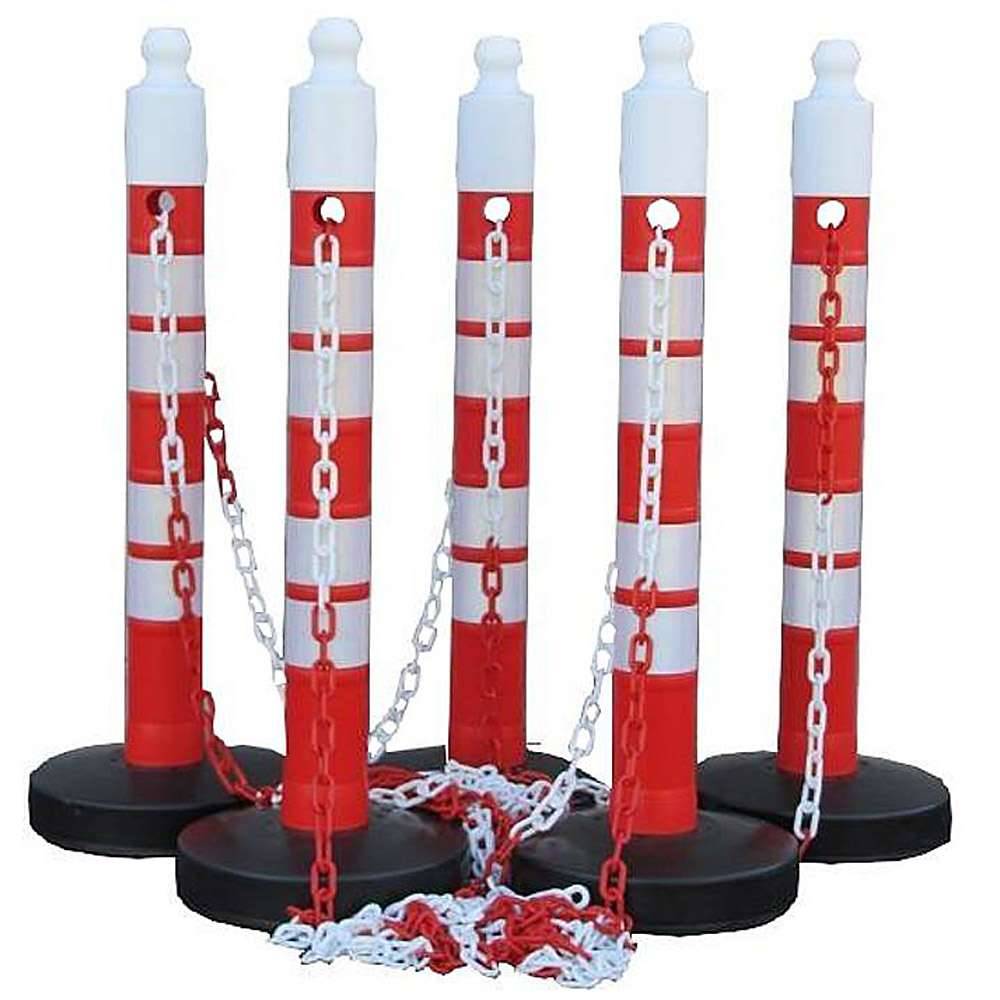 Kettenpfostenset - 5 Kettenpfosten - 25 m Kunststoffkette - Höhe 1200 mm - befüllbar - rot/weiß – reflektierend