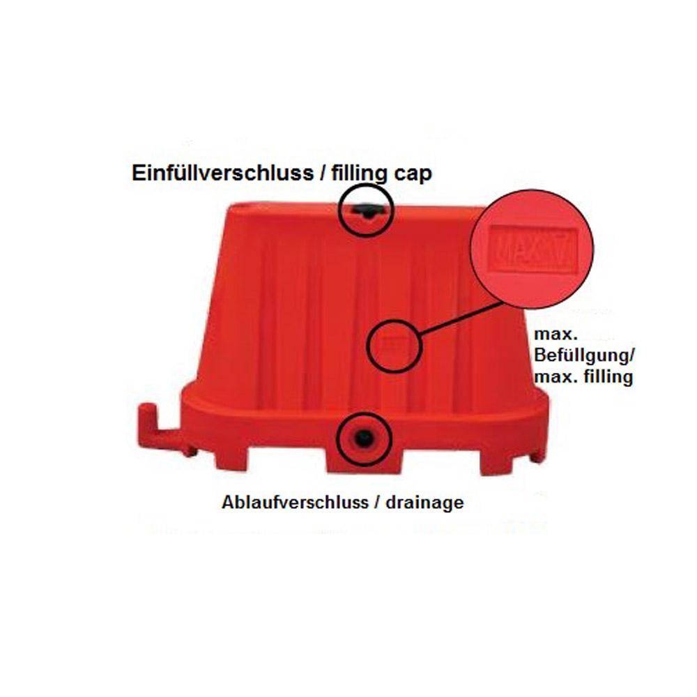 Fahrbahnteiler (Schrammborde) - Polyethylen - Breite 400 mm - Länge 1000 mm - Höhe 600 mm - Füllmenge ca. 70 Liter Wasser oder Sand - rot