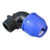 Ein Plastik-Winkelrohrverbinder mit einer schwarzen Basis und einem blauen Verschlussdeckel, der zum Verbinden von zwei Rohren in einem rechten Winkel verwendet wird.
