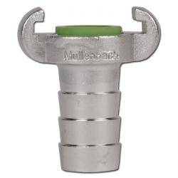 Ein Metallschlauchverbinder mit silberner Oberfläche, ausgestattet mit einer grünen Gummidichtung an der Oberseite und zwei offenen Endklammern an beiden Seiten.