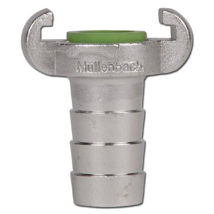 Silberfarbene Metallschlauchkupplung mit doppelten Verriegelungsarmen und einer grünen Dichtung, gezeigt auf weißem Hintergrund.